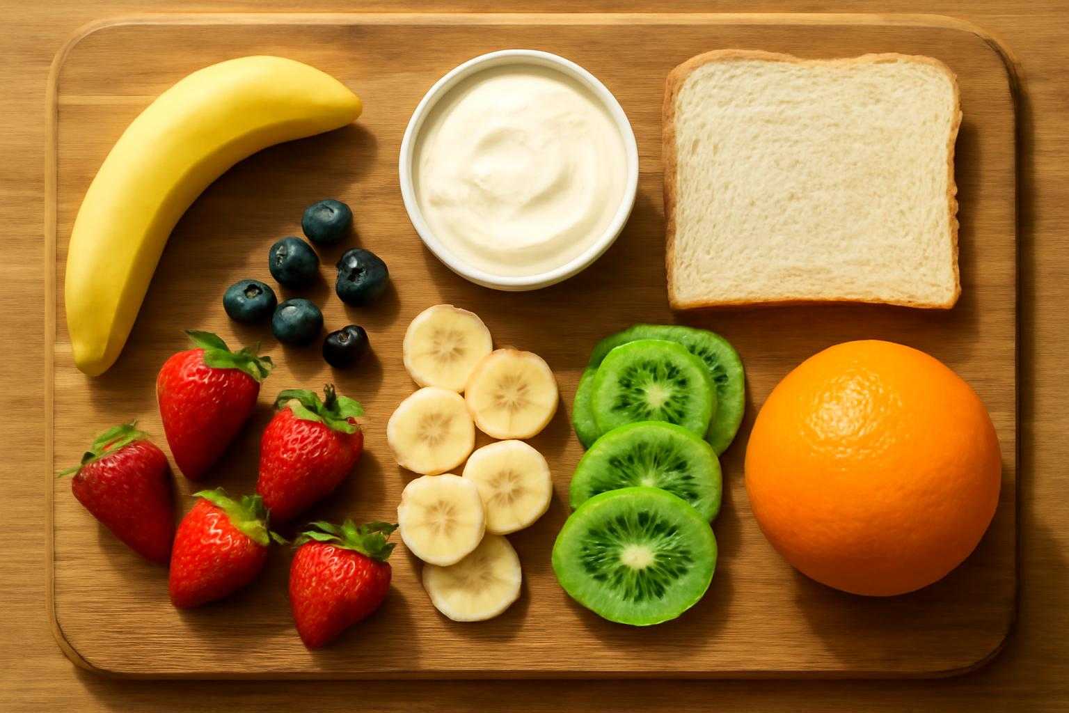 フルーツサンドの材料をまな板の上に並べて準備している様子