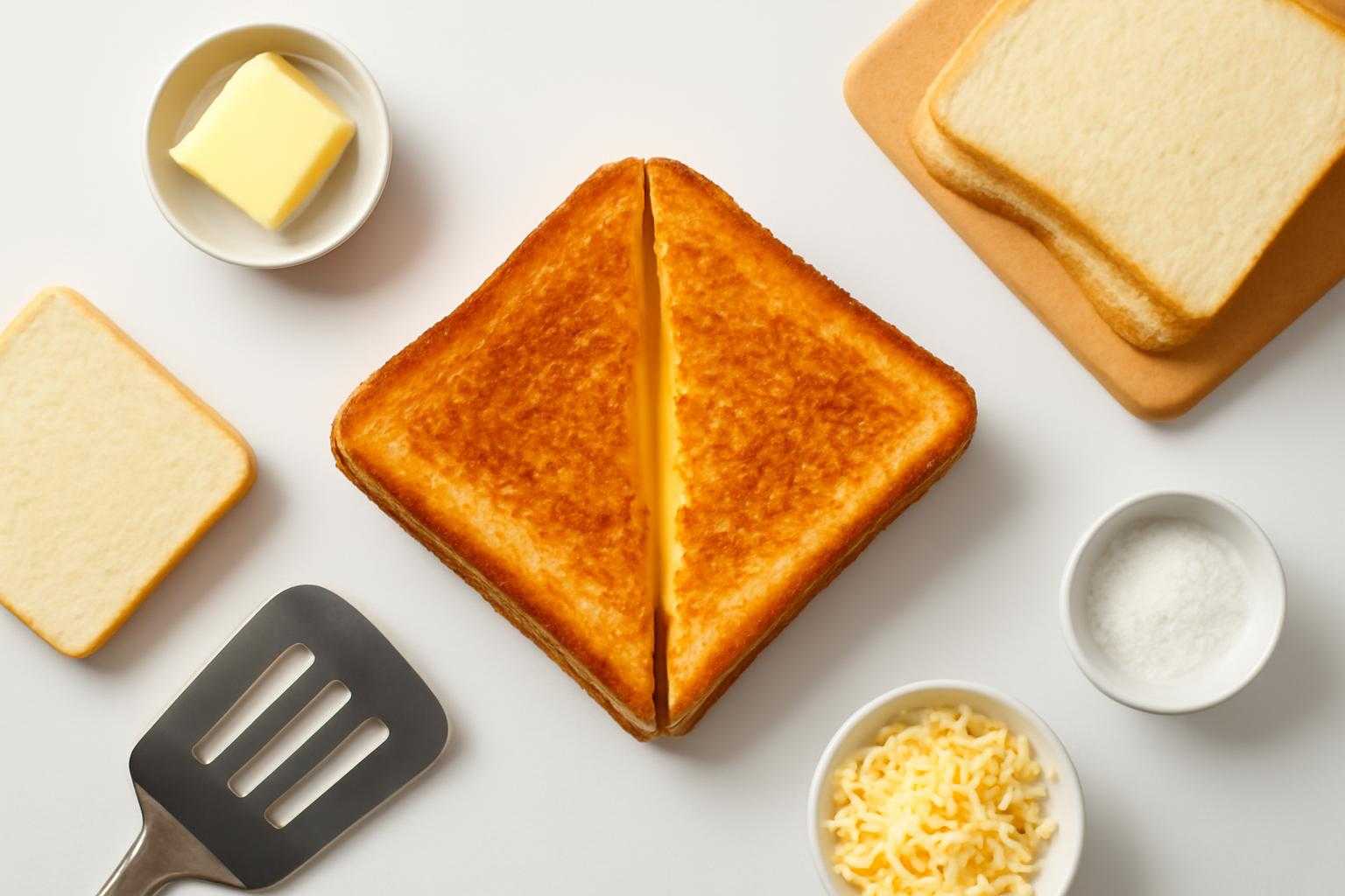 サクサクのホットサンドと、7つのコツを象徴する調理道具が並んだ俯瞰図