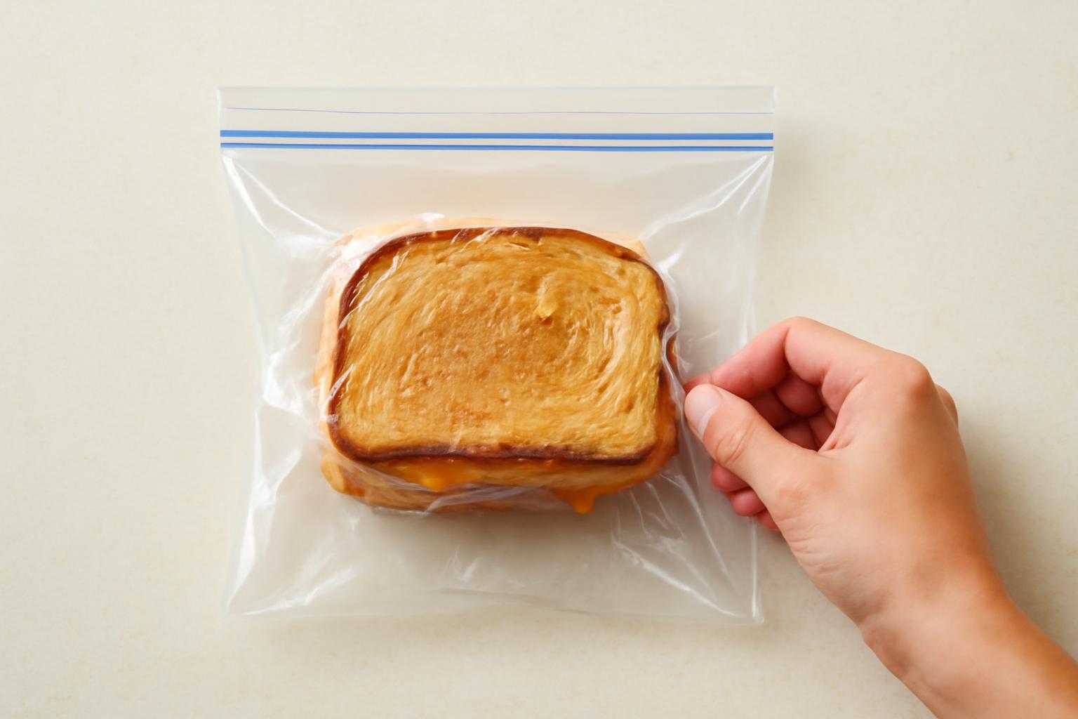 ホットサンドをラップで包み、冷凍袋に入れる保存準備