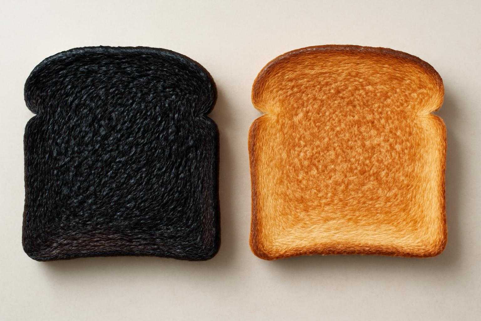 焦げた食パンと完璧に焼けた食パンの比較写真